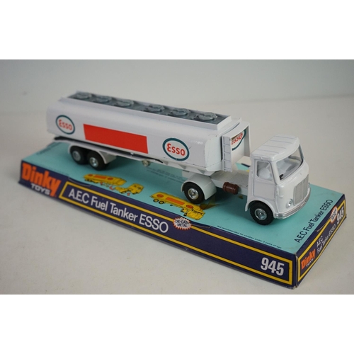 1187 - Two boxed Dinky 945 AEC Fuel Tanker diecast models to include ESSO & Chevron, diecast excellent, box... 