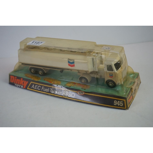 1187 - Two boxed Dinky 945 AEC Fuel Tanker diecast models to include ESSO & Chevron, diecast excellent, box... 