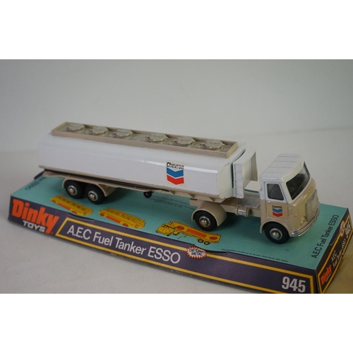 1187 - Two boxed Dinky 945 AEC Fuel Tanker diecast models to include ESSO & Chevron, diecast excellent, box... 