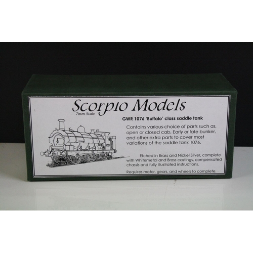 180 - Boxed Scorpio Models 7mm O gauge GWR 1076 Buffalo Class Saddle Tank model kit, unbuilt, unchecked