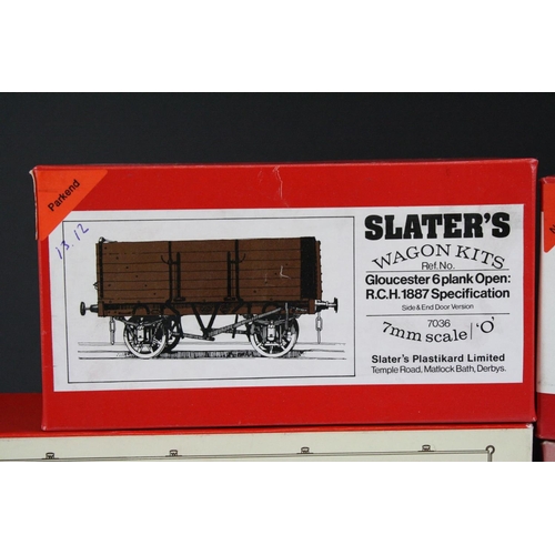 185 - Six boxed Slaters O gauge rolling stock kits to include 3 x Slaters Wagon Kits (7054, 7036 & 7059), ... 