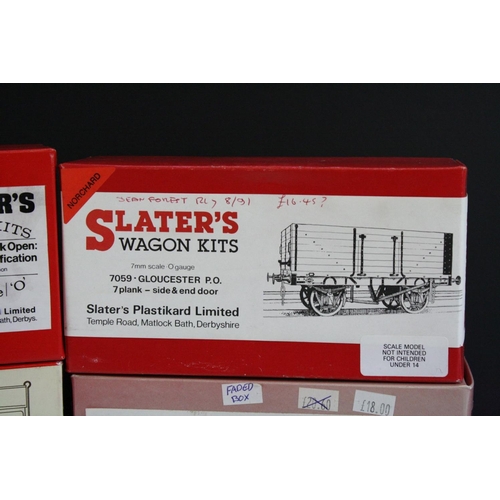 185 - Six boxed Slaters O gauge rolling stock kits to include 3 x Slaters Wagon Kits (7054, 7036 & 7059), ... 