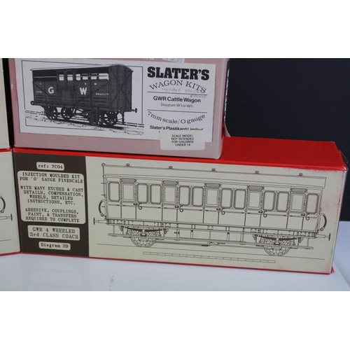 185 - Six boxed Slaters O gauge rolling stock kits to include 3 x Slaters Wagon Kits (7054, 7036 & 7059), ... 