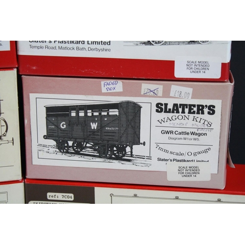 185 - Six boxed Slaters O gauge rolling stock kits to include 3 x Slaters Wagon Kits (7054, 7036 & 7059), ... 