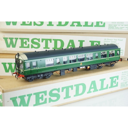 248 - Four boxed Westdale O gauge metal kit models to include a built BR Railcar locomotive in green liver... 