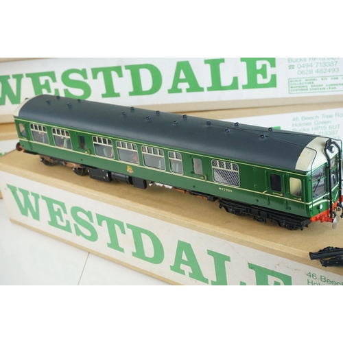 248 - Four boxed Westdale O gauge metal kit models to include a built BR Railcar locomotive in green liver... 