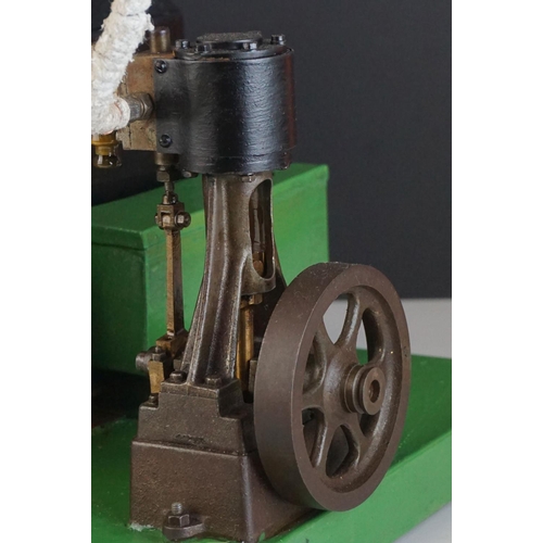 268 - Scratch built stationary steam engine with twin boiler, wooden base 32cm x 25cm