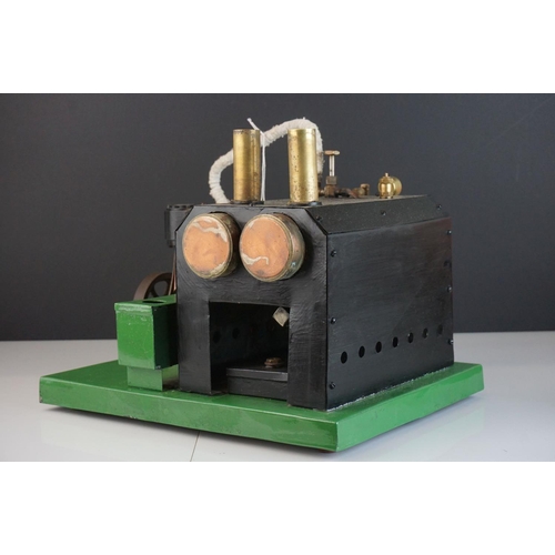 268 - Scratch built stationary steam engine with twin boiler, wooden base 32cm x 25cm