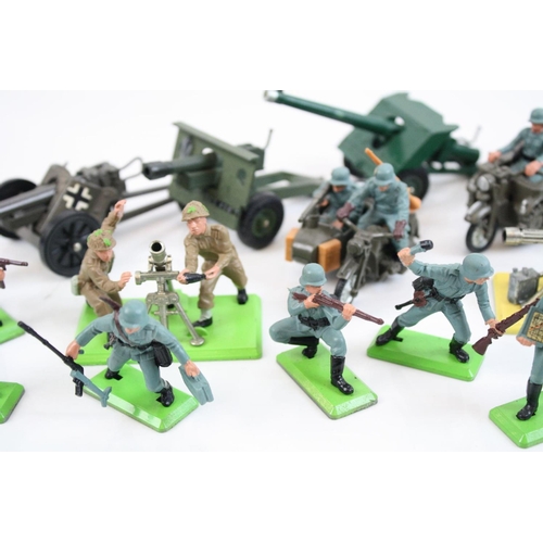 285 - 20 x Playworn Britains plastic and diecast WWII Soldiers and vehicles, plus two playworn Dinky dieca... 