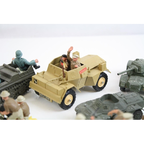 285 - 20 x Playworn Britains plastic and diecast WWII Soldiers and vehicles, plus two playworn Dinky dieca... 