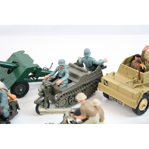 285 - 20 x Playworn Britains plastic and diecast WWII Soldiers and vehicles, plus two playworn Dinky dieca... 