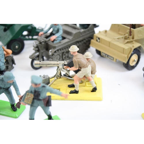 285 - 20 x Playworn Britains plastic and diecast WWII Soldiers and vehicles, plus two playworn Dinky dieca... 