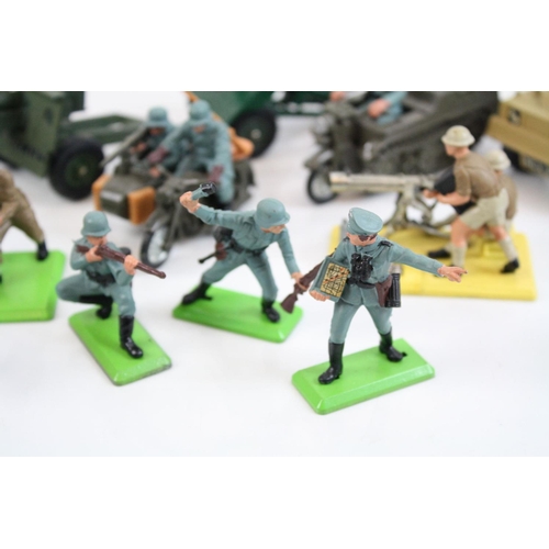 285 - 20 x Playworn Britains plastic and diecast WWII Soldiers and vehicles, plus two playworn Dinky dieca... 