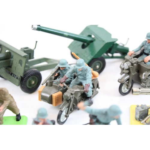 285 - 20 x Playworn Britains plastic and diecast WWII Soldiers and vehicles, plus two playworn Dinky dieca... 