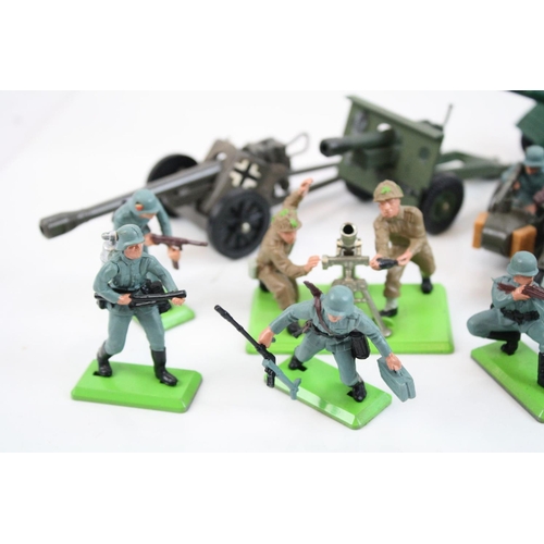 285 - 20 x Playworn Britains plastic and diecast WWII Soldiers and vehicles, plus two playworn Dinky dieca... 