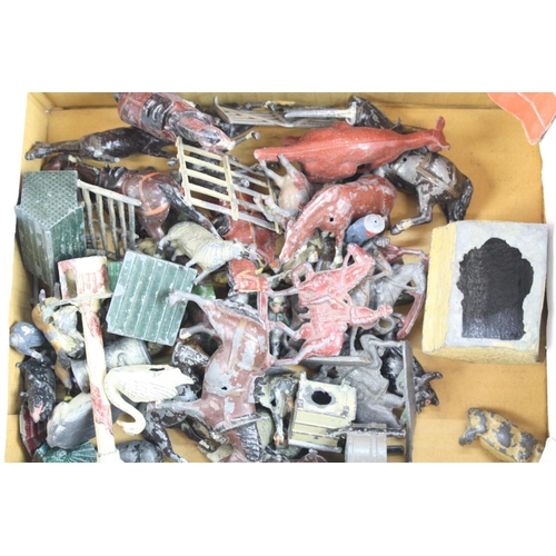 300 - Collection of early-mid 20th C metal farm animals and accessories, plus 5 x soldiers, play wear and ... 