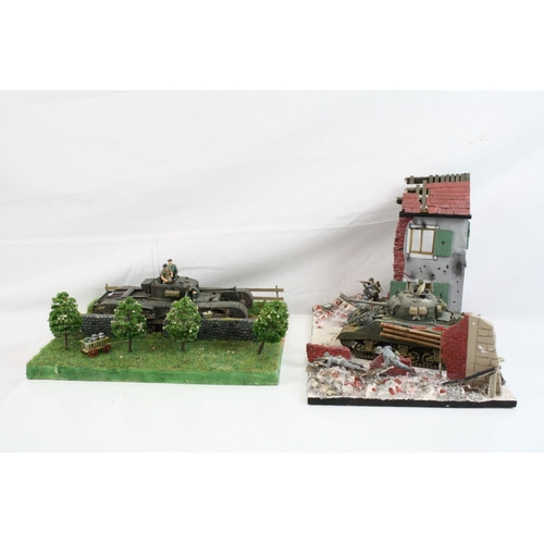 308 - Two military plastic model figures and vehicle scenes, both on bases, some damage but gd overall