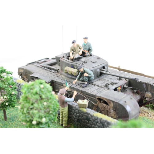 308 - Two military plastic model figures and vehicle scenes, both on bases, some damage but gd overall