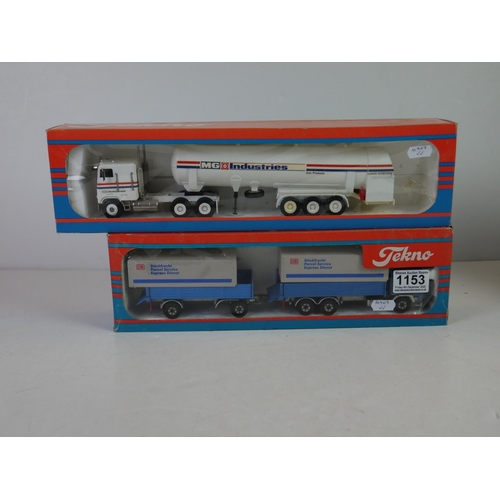 1153 - Five Tekno diecast models, with unmatched boxes, to include MG Industries Tanker, DB Parcel Service ... 