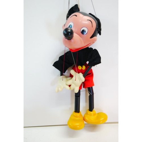 347 - Two playworn Pelham puppets to include Mickey Mouse and a Dragon plus a playworn Merryweather plush ... 