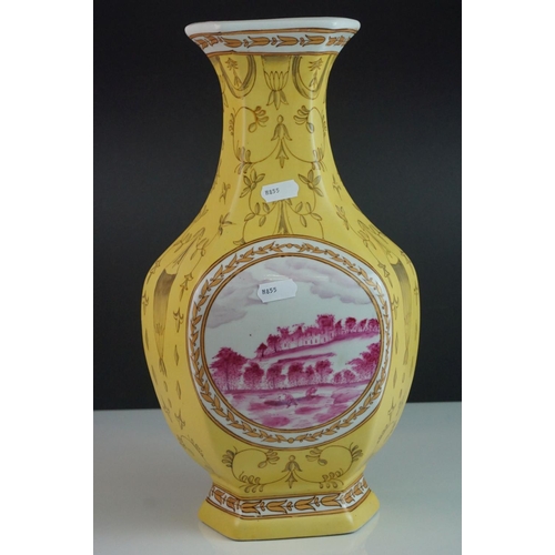10 - Pair of 20th century Chinese Yellow Ground Vases decorated with panels of European Landscape Scenes,... 