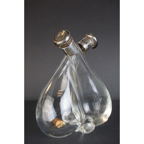 114 - Silver Mounted Glass Cross-over Oil and Vinegar Bottles, with silver mounted original stoppers, Birm... 