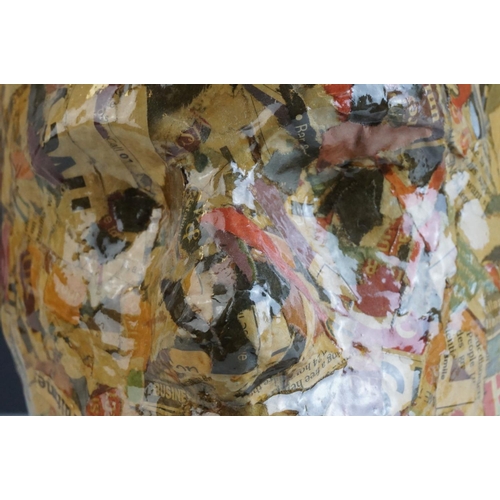 136 - Newspaper / Comic Papier Mache Man's Head on plinth base, 29cms high