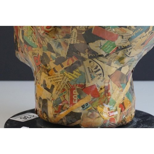 136 - Newspaper / Comic Papier Mache Man's Head on plinth base, 29cms high