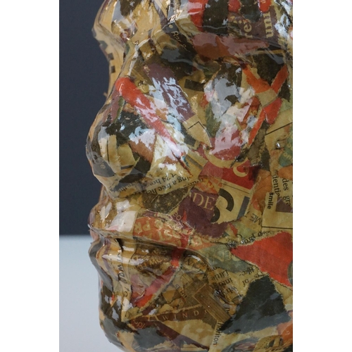 136 - Newspaper / Comic Papier Mache Man's Head on plinth base, 29cms high