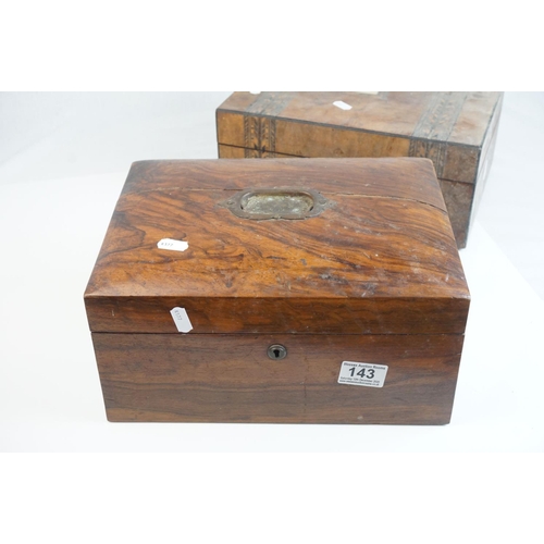 143 - Two Victorian Walnut Jewellery Boxes, one with tunbridgeware style inlay, both a/f