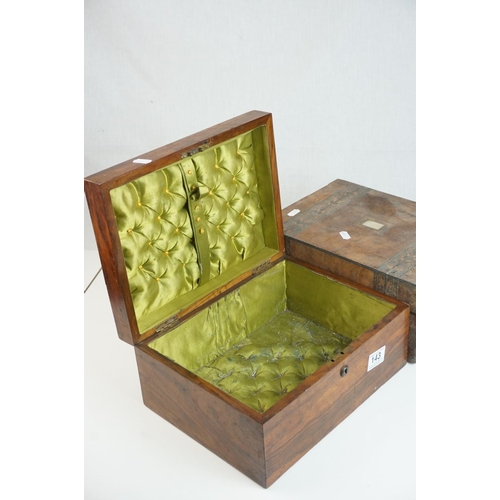 143 - Two Victorian Walnut Jewellery Boxes, one with tunbridgeware style inlay, both a/f