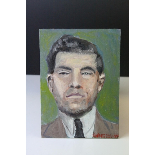 474 - Greenow oil on board portrait  of what is believed to be Gangster Lucky Luciano 18 x 12 cm.