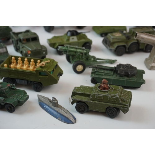 17 - 22 x Playworn diecast and tinplate models, mainly military, featuring Dinky ambulance, Solido Genera... 