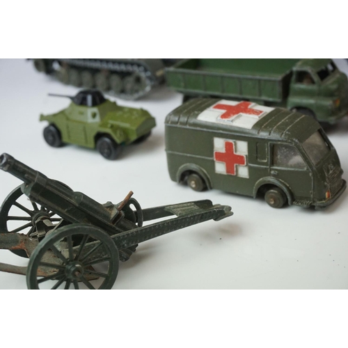 17 - 22 x Playworn diecast and tinplate models, mainly military, featuring Dinky ambulance, Solido Genera... 