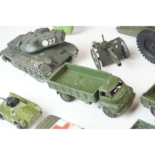 17 - 22 x Playworn diecast and tinplate models, mainly military, featuring Dinky ambulance, Solido Genera... 