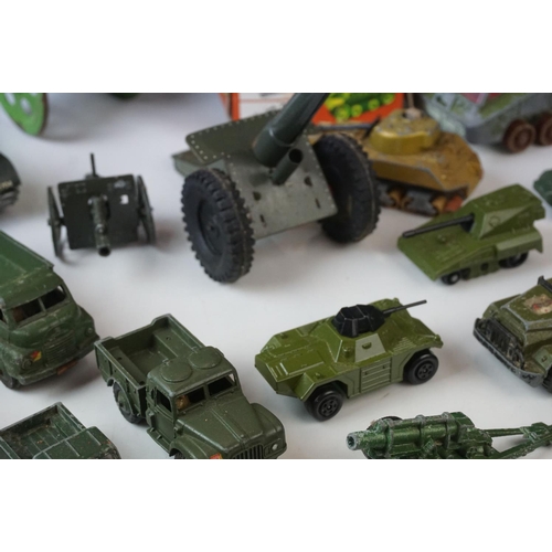 17 - 22 x Playworn diecast and tinplate models, mainly military, featuring Dinky ambulance, Solido Genera... 