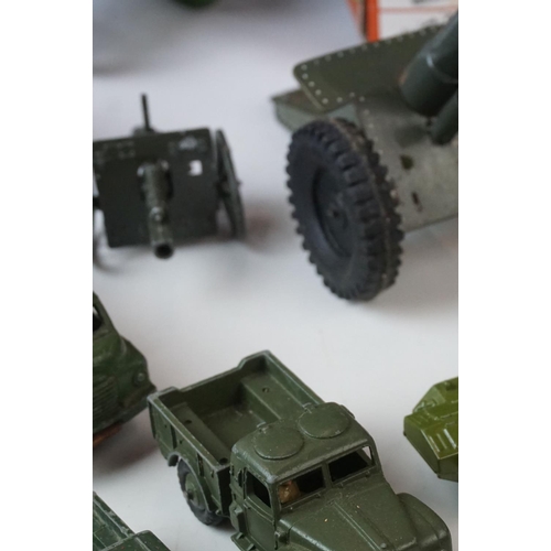 17 - 22 x Playworn diecast and tinplate models, mainly military, featuring Dinky ambulance, Solido Genera... 