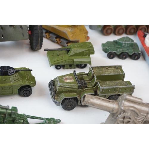 17 - 22 x Playworn diecast and tinplate models, mainly military, featuring Dinky ambulance, Solido Genera... 