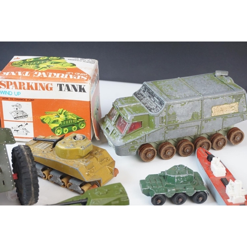 17 - 22 x Playworn diecast and tinplate models, mainly military, featuring Dinky ambulance, Solido Genera... 