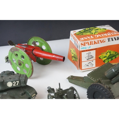 17 - 22 x Playworn diecast and tinplate models, mainly military, featuring Dinky ambulance, Solido Genera... 