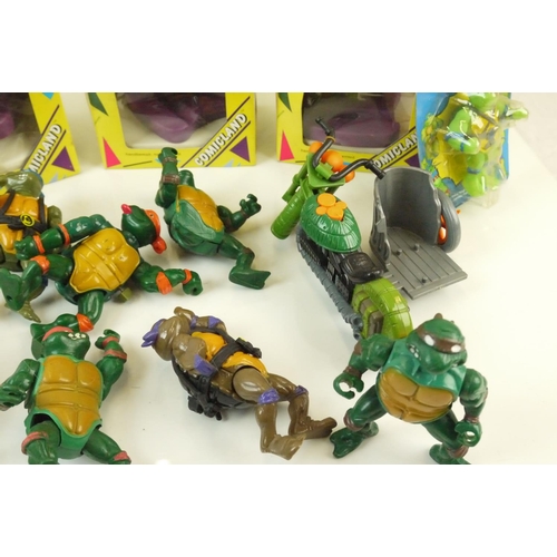 23 - Five playworn Playmates Teenage Mutant Ninja Turtles action figures and vehicles to include Leonardo... 