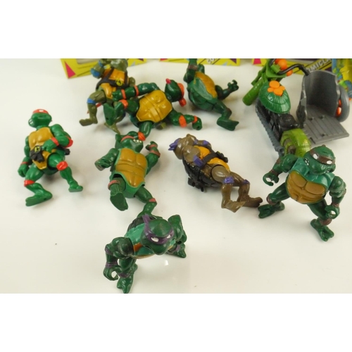 23 - Five playworn Playmates Teenage Mutant Ninja Turtles action figures and vehicles to include Leonardo... 