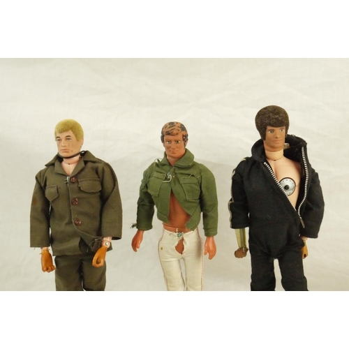 50 - Two original Palitoy Action Man figures plus a 1974 Mego James Bond 007 figure and one other, showin... 