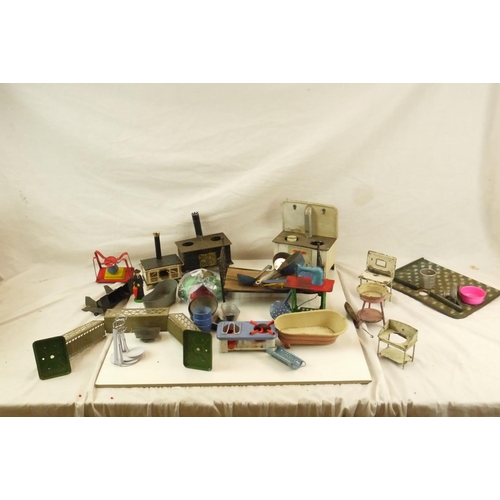 55 - Quantity of vintage tin plate and metal dolls house furniture and accessories to include tin bath, b... 