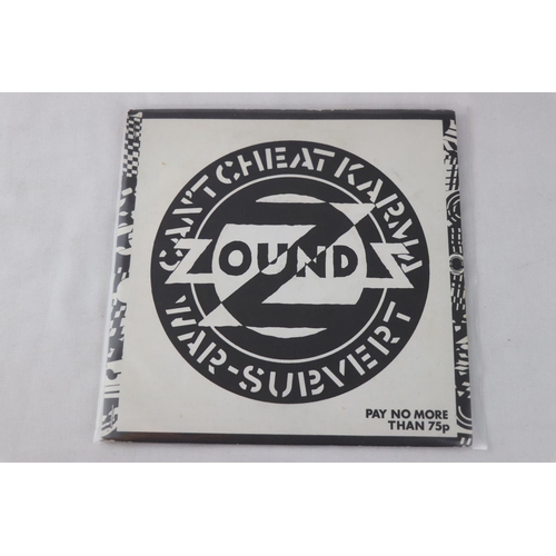 338 - PUNK - CRASS RECORDS RELATED PACKAGE OF 5 UK 1ST PRESSINGS SINGLES.  1. ZOUNDZ - CAN’T CHEAT KARMA (... 