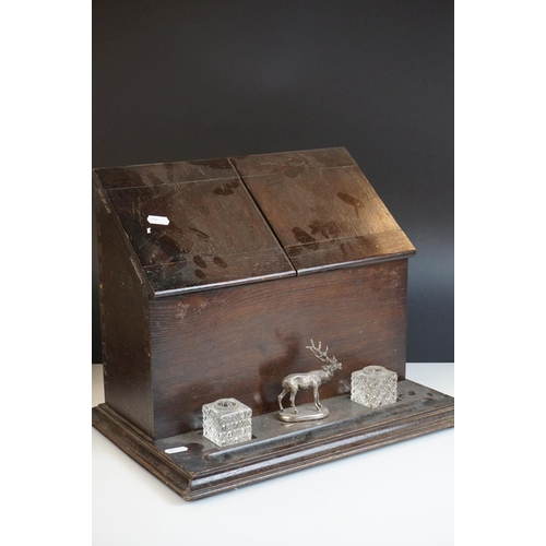 114 - Late 19th / Early 20th century Combination Oak stationary Cabinet & Ink stand with white metal Deer ... 
