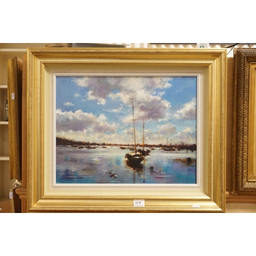 117 - ' Moorings in Poole Harbour ' by Norman Smith, Oil Painting, Gilt Framed