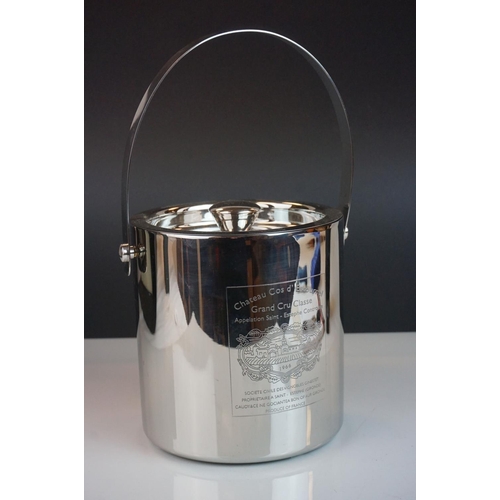 122 - White Metal Ice Bucket with swing handle, marked ' Chateau Cos d' Estournel, Grand Cru Classe '