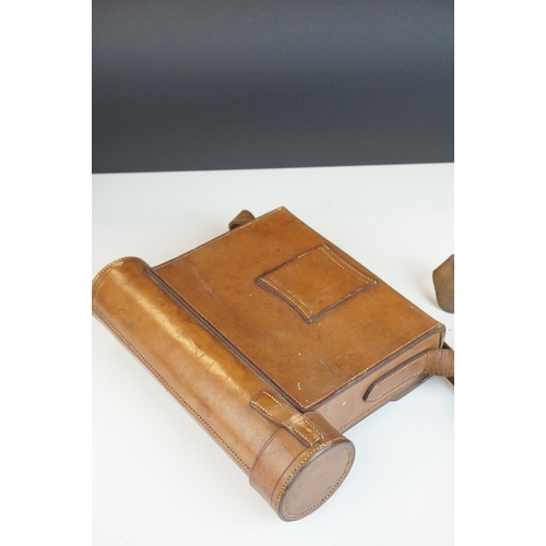 123 - Leather cased hunting canteen with silver plated sandwich box and cup (glass flask missing)