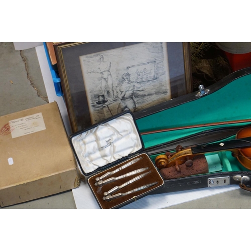125 - Large Collection of Mixed Items including Wooden Planes, Dolls, Violin Case, etc